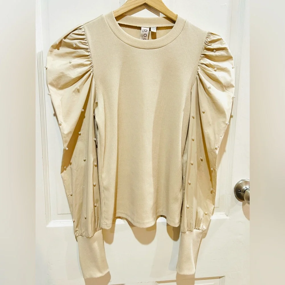 Anthropologie Dolan Cream Puff Sleeve Top Pearls Romantic Cottagecore Size XS